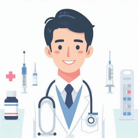 Young male doctor with stethoscope and syringe. Vector illustration.のイラスト素材