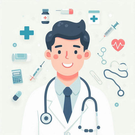 Doctor with stethoscope and medical icons. Vector illustration in flat styleのイラスト素材