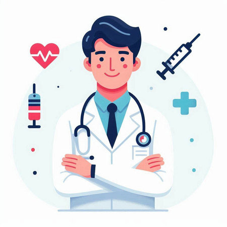 Doctor with stethoscope and syringe. Vector illustration in flat styleのイラスト素材