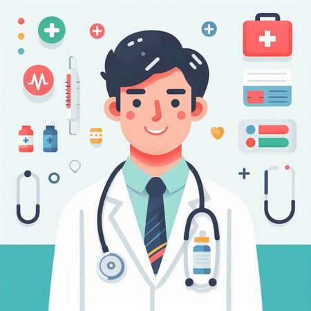 Doctor with stethoscope and medical icons. Vector illustration in flat styleのイラスト素材