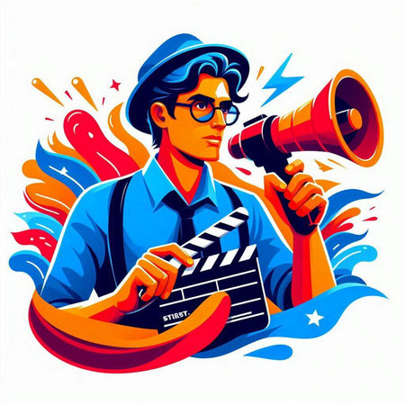 Vector illustration of a man with a megaphone and clapperboard.のイラスト素材