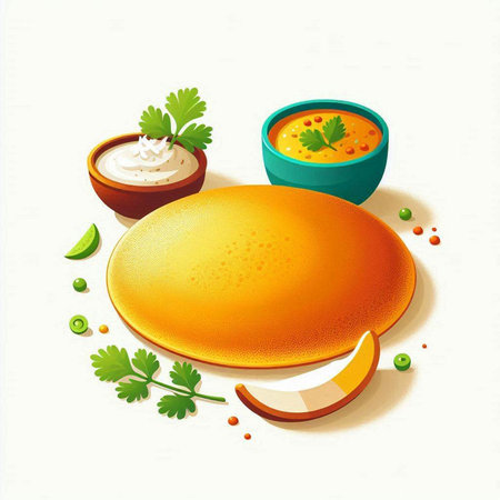 Illustration of Indian food on white background with space for text.のイラスト素材
