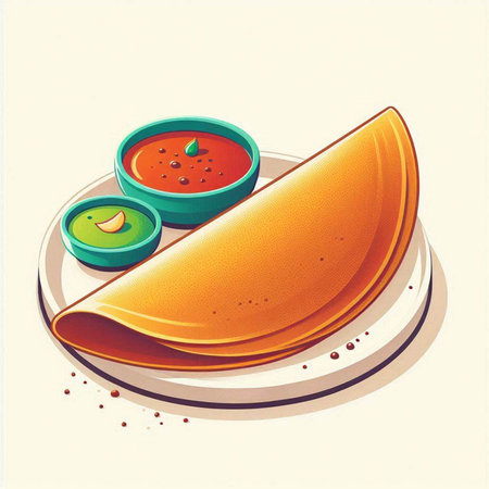 Vector illustration of a plate of pancakes with tomato sauce and chili pepperのイラスト素材