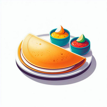 Illustration of a stack of pancakes with tomato sauce and sour creamのイラスト素材