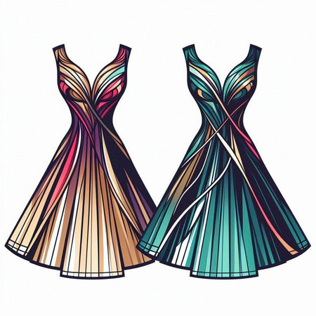 Fashion illustration of women's dresses. Hand drawn vector illustration.のイラスト素材
