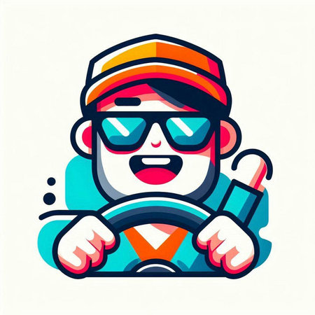 Cartoon driver with steering wheel. Vector illustration in flat style.のイラスト素材