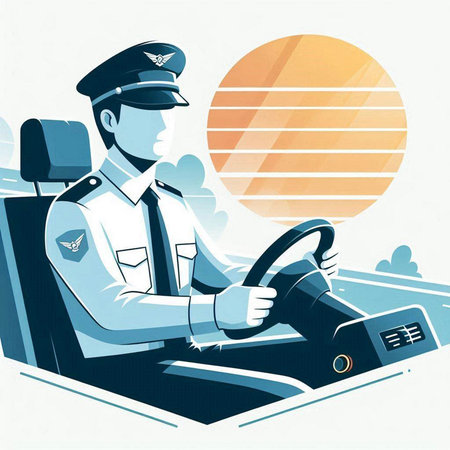 Illustration of a police officer driving a car on the road.のイラスト素材