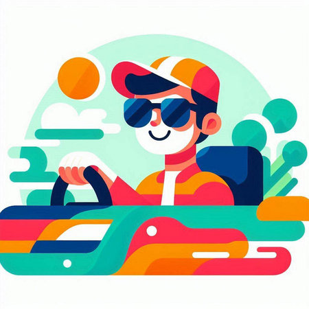 Vector illustration of a man driving a convertible car. Flat design style.のイラスト素材