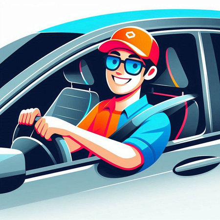 Vector illustration of a man in a cap and glasses driving a carのイラスト素材