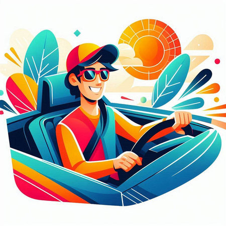 Vector illustration of a young man driving a car on the road.のイラスト素材