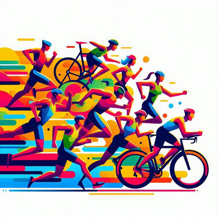 Group of people running on colorful background. Sport concept. Vector illustration.のイラスト素材