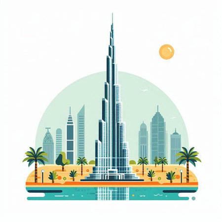 Vector illustration of Dubai skyline in flat style. Modern skyscrapers and palm trees.のイラスト素材