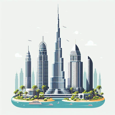 Dubai skyline with skyscrapers and palm trees. Vector illustration.のイラスト素材