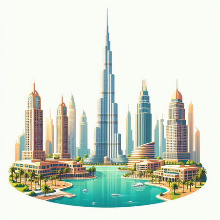 Dubai skyline with skyscrapers and swimming pool, vector illustrationのイラスト素材