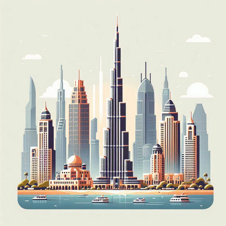 Dubai skyline, United Arab Emirates. Flat style vector illustration.のイラスト素材