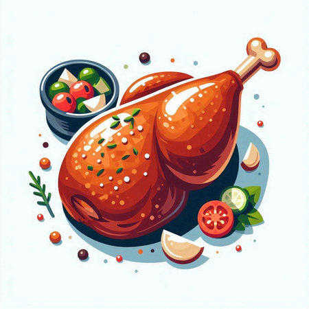 Illustration of roasted turkey with vegetables and spices on a white backgroundのイラスト素材