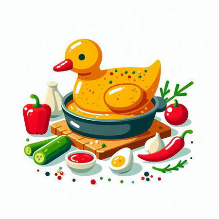 Yellow rubber duck in a pan with ingredients for cooking. Vector illustration.のイラスト素材