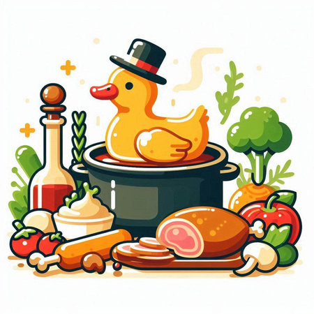 Illustration of a duck in a pot with ingredients for cooking.のイラスト素材