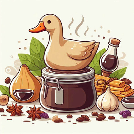 Illustration of a duck in a pot with coffee beans, cinnamon and aniseのイラスト素材
