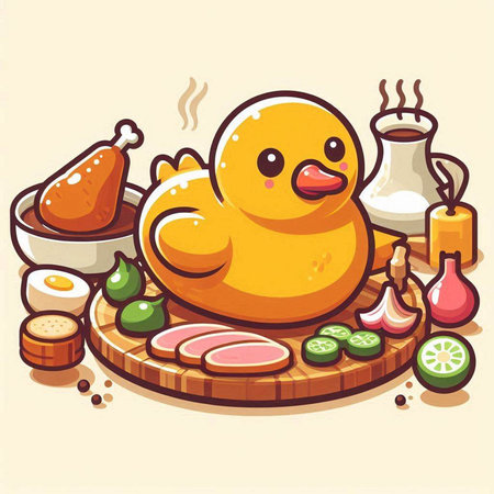 Illustration of a cute cartoon duck on a wooden board with different ingredients.のイラスト素材