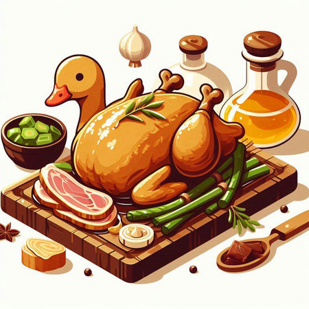 Illustration of a roasted turkey on a cutting board with vegetables and spicesのイラスト素材