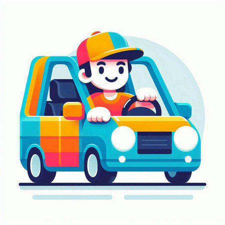 Cartoon boy in a cap driving a car. Vector illustration.のイラスト素材