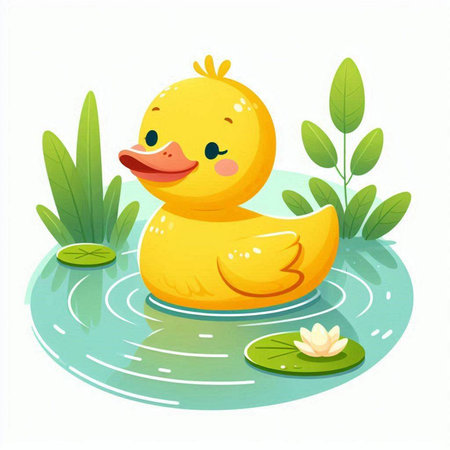 Cute yellow duckling swimming in a pond. Vector illustration.のイラスト素材