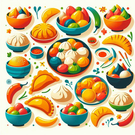 Vector illustration of Chinese dumplings and miso soup in bowlsのイラスト素材