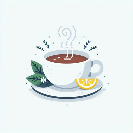 Cup of tea with lemon and herbs, flat vector illustration.のイラスト素材