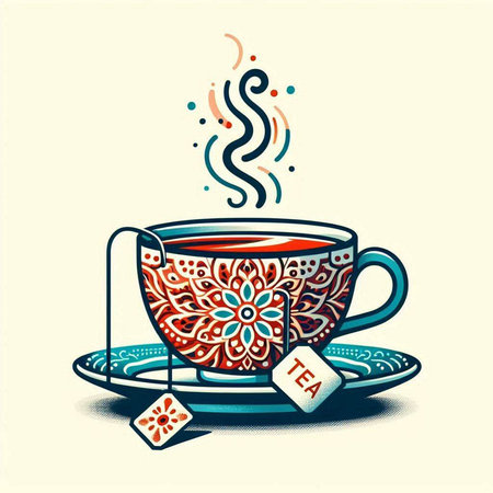 Cup of tea with card. Vector illustration. Vintage style.のイラスト素材