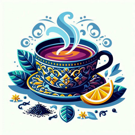 Cup of tea with floral ornament. Hand drawn vector illustration.のイラスト素材
