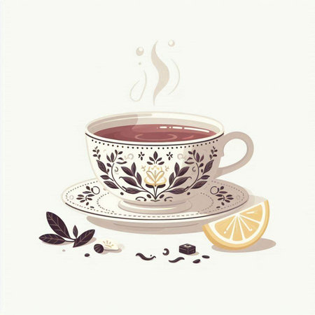 Cup of tea with lemon and mint leaves. Vector illustration.のイラスト素材
