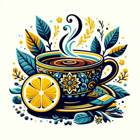 Cup of tea with lemon and leaves. Hand drawn vector illustration.のイラスト素材