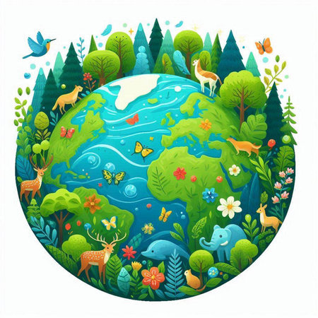 Eco world with animals and plants. Vector illustration in cartoon style.のイラスト素材
