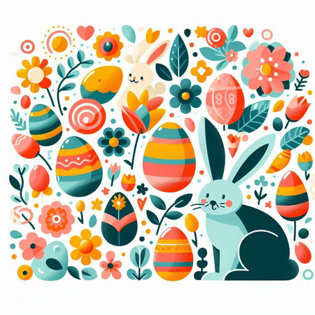 Hand drawn vector illustration of easter bunny, flowers and eggs.のイラスト素材