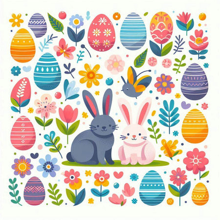 Happy easter greeting card with cute bunnies, flowers and eggs. Vector illustration.のイラスト素材