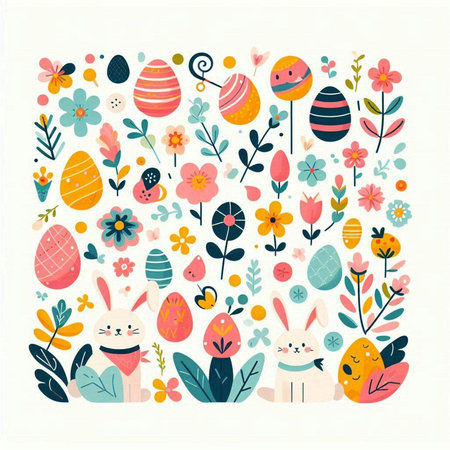 Easter card with bunny, eggs, flowers and plants. Vector illustration.のイラスト素材