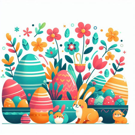 Easter egg hunt in the park. Flat style vector illustration.のイラスト素材