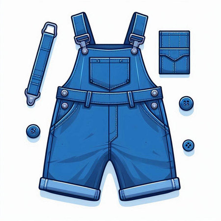 Blue overalls with suspenders and belt on a white background.のイラスト素材