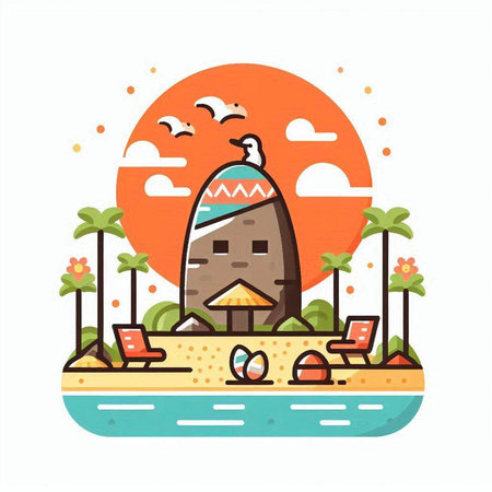 Tropical island with palm trees and beach chairs. Vector illustration.のイラスト素材