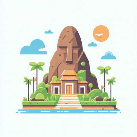 Thai temple on the mountain. Vector illustration in flat style.のイラスト素材