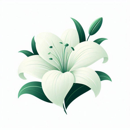 White lily with green leaves on white background. Vector illustration.のイラスト素材