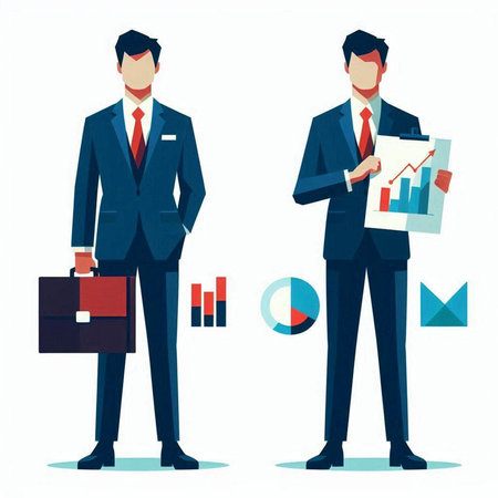 Businessman character vector illustration. Businessman in a business suit with a briefcase and a chart.のイラスト素材