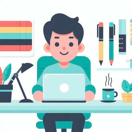 Young man working on laptop at home office. Freelance concept. Vector illustrationのイラスト素材