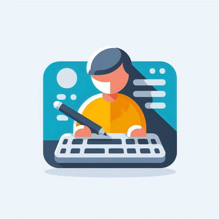 Man working on computer keyboard. Vector illustration in flat design style.のイラスト素材