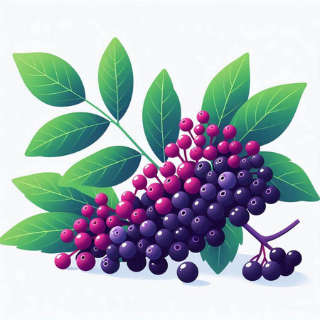 Bunch of black elderberry with green leaves. Vector illustration.のイラスト素材