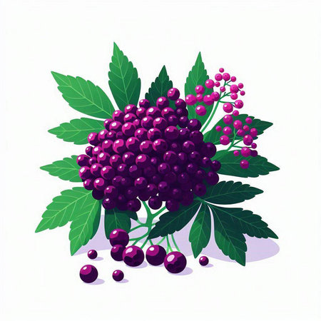 Bunch of elderberry with leaves and berries. Vector illustration.のイラスト素材