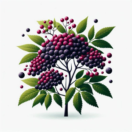 Illustration of a bunch of black elderberry with green leaves.のイラスト素材