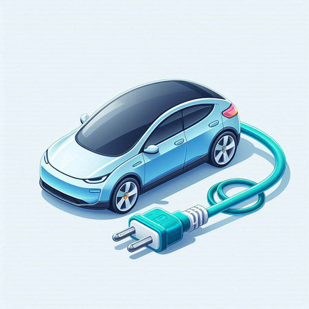 Electric car with plug and socket on blue background. Vector illustration.のイラスト素材
