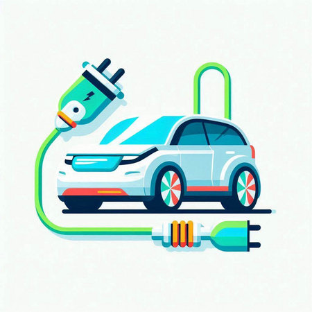 Electric car and plug. Electric vehicle concept. Flat vector illustration.のイラスト素材